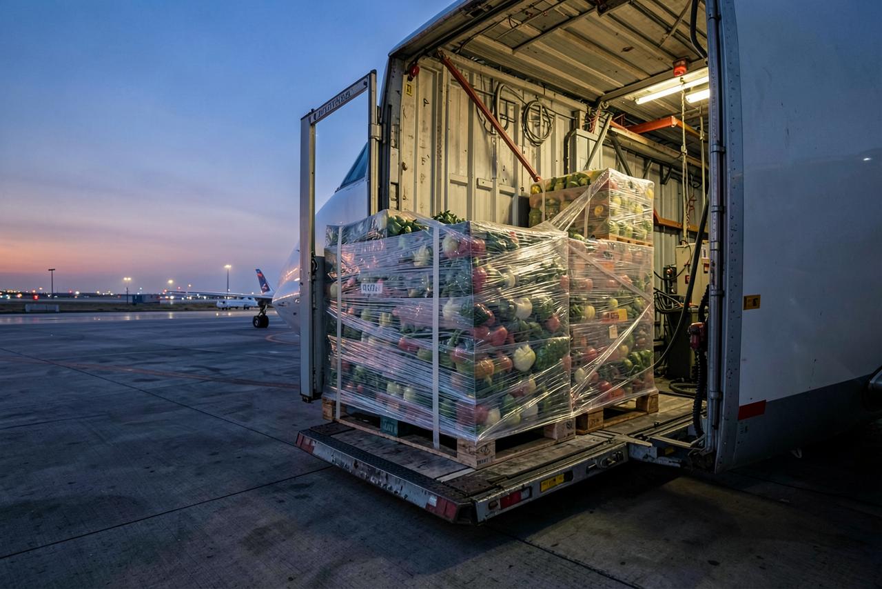 Pallets of fresh produce being loaded into an aircraft cargo hold at dusk