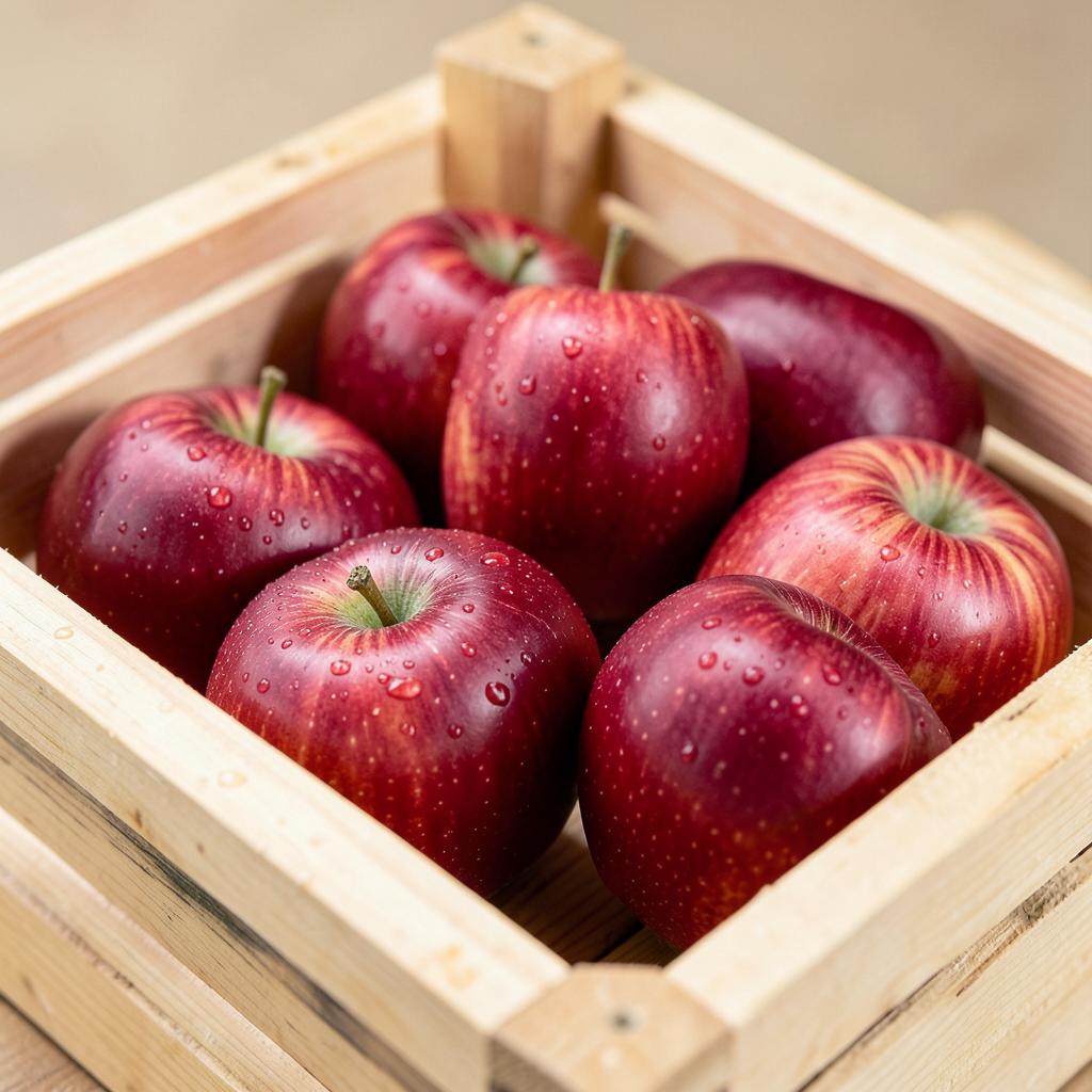 Fresh red apples with water droplets in a wooden export crate