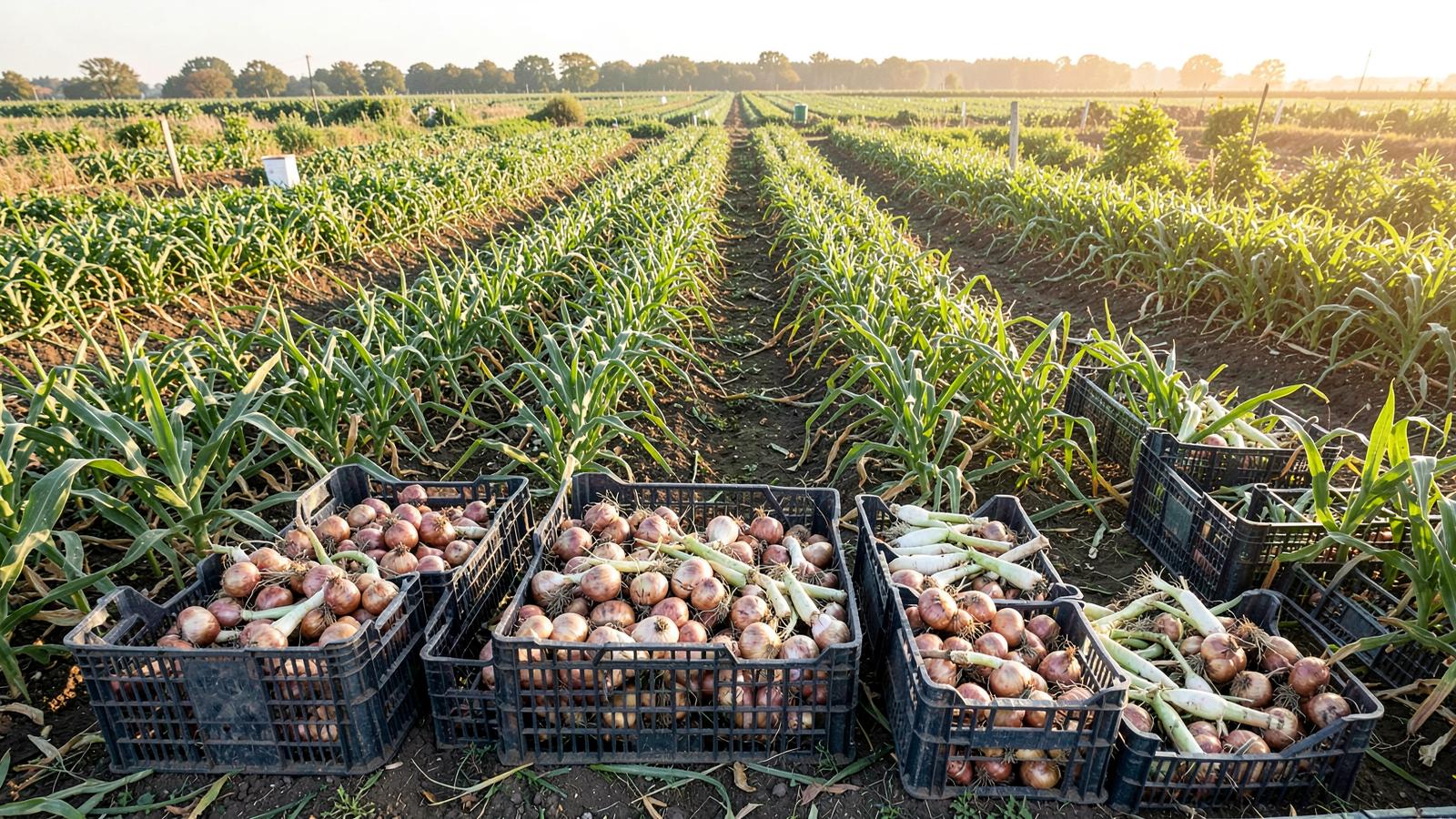 Harvested onions in crates at a farm