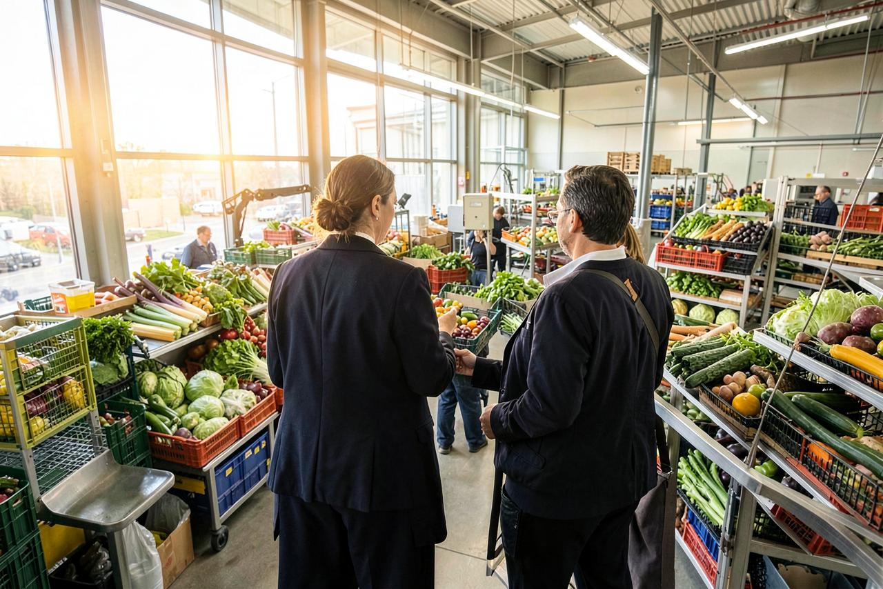 Two trade partners reviewing fresh produce operations inside a packing facility